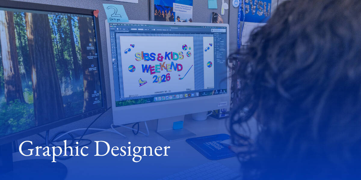 A student working on a computer and text that reads "Graphic Designer"